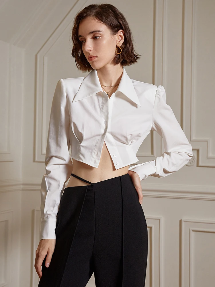 TWOTWINSTYLE Solid Slim Minimalist Shirts For Women Lapel Long Sleeve Patchwork Single Breasted Blouse Female Fashion Clothes