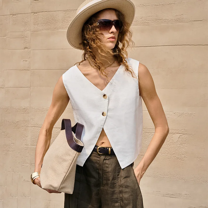 100% Linen Sleeveless Women's Tank Top New Summer Fashionable Cropped Backless Tops with Reversible Design