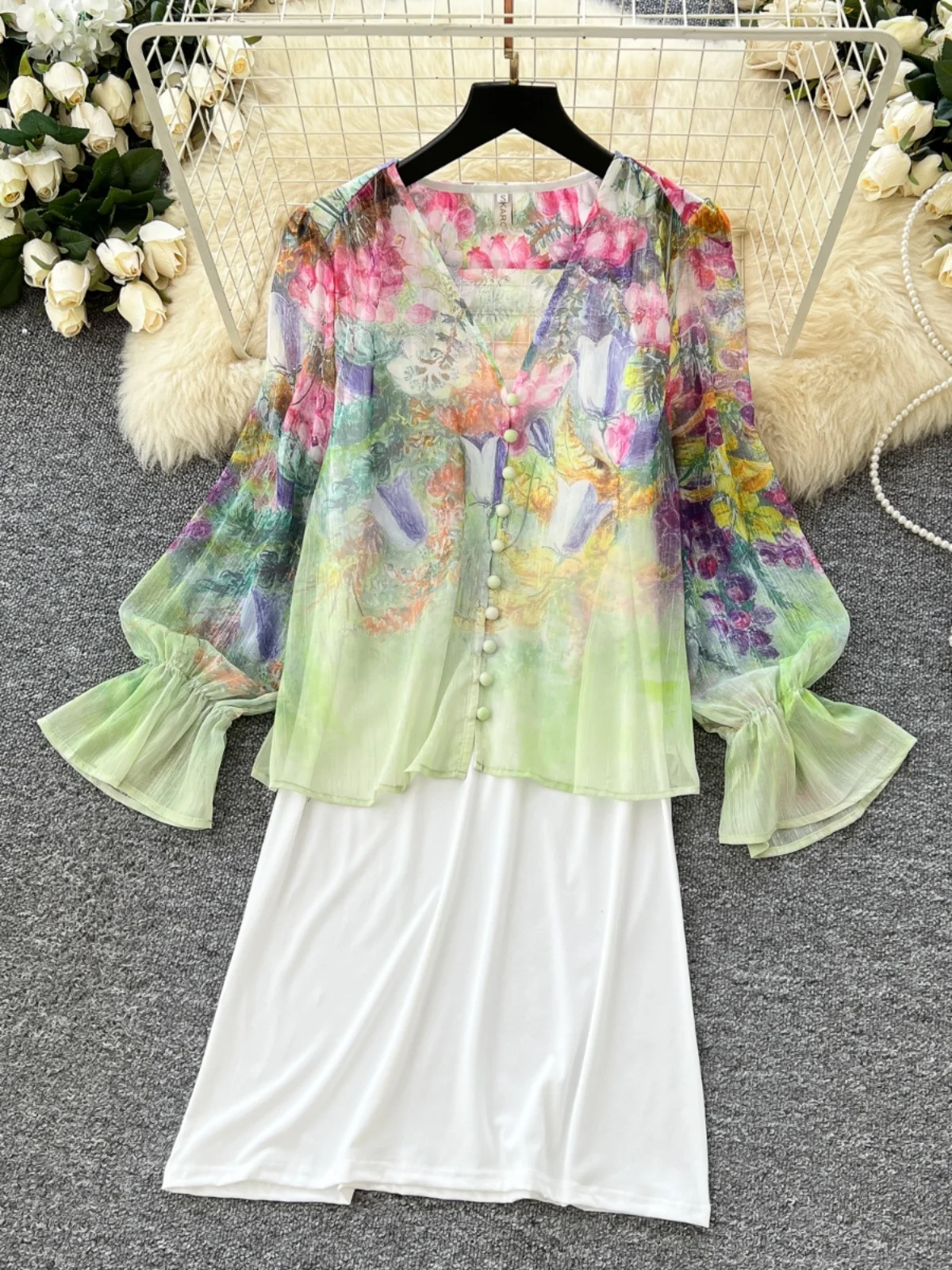 

Весенний комплект Vaion с цветочным принтом, женская юбка-миди с высокой талией, длинный шифоновый топ Sve, V-Ne Ele Faion Ensemble