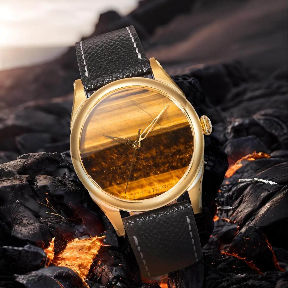 

Sapphire Glass Natural Tiger Eye Gemstone Disc 38mm Luxury Men's Waterproof Sports Watch
