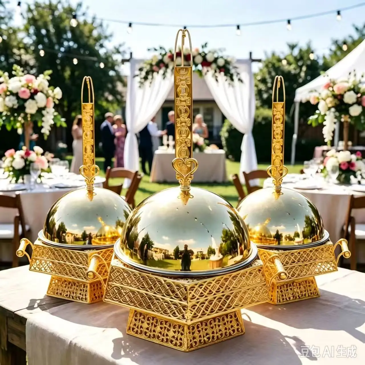 Commercial Gold Hexagonal Stainless Steel Insulated Plate 201 8L Capacity Exquisite European Buffet Insulator Hotel Wedding Use