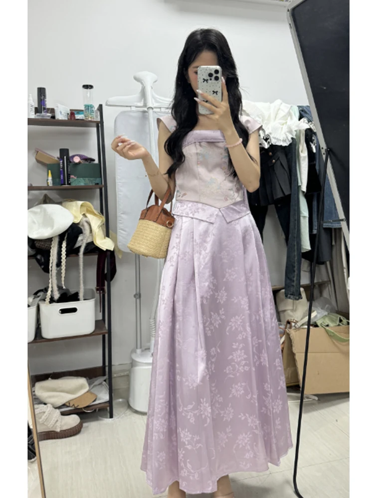 

Для похудения в китайском стиле в стиле ретро, летний новый модный комплект Dr, женская юбка-миди, комплект из двух предметов, полиэфирное волокно, 8-25 лет