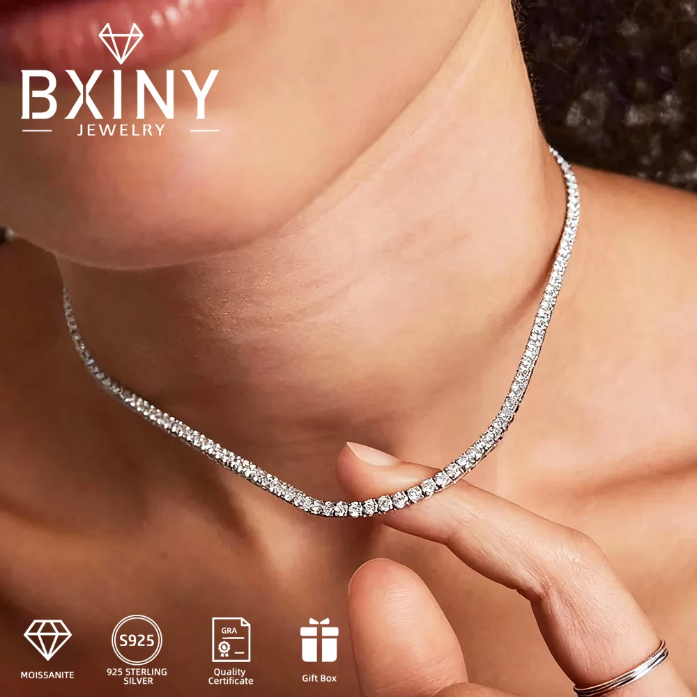 bxiny-女性用モアッサナイトテニスネックレス、調節可能なチョーカーチェーン、ブライダルジュエリーギフト、s925シルバー、k18メッキ、グラ認定、2mm