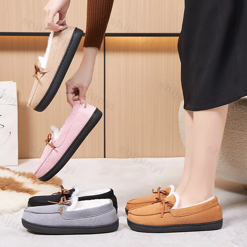

Couple Cotton Shoes Winter Plush Thicken Fashion Bow Knot Women Snow Boots Outdoor Non Slip Comfortable Soft Sole Men Warm Shoes