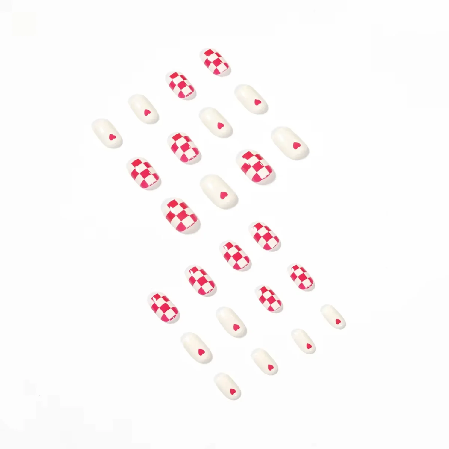 .Miemie 24-Piece Short Coffin ABS Pink Checkered Pattern Reusable Artificial Nails Press-On Style Fingers Nail Tip Model Charm