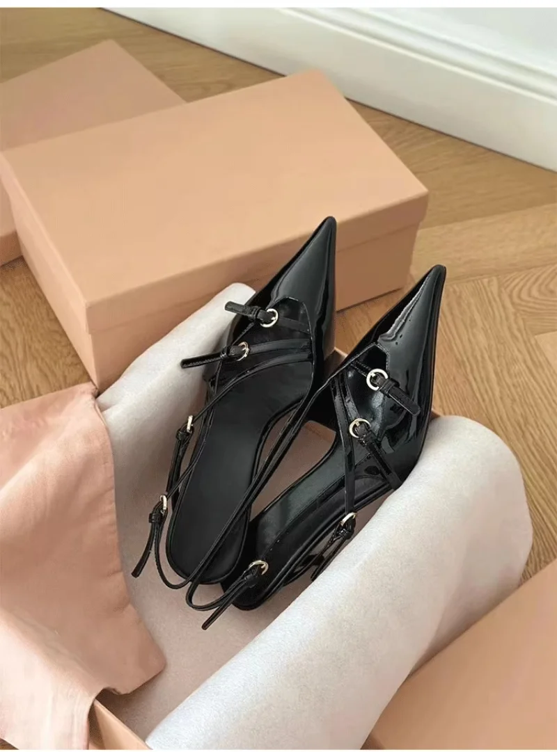 

2025 Spring New Patent Leather Wrap Toe Kitten Heel Strap Women's Sandals Sexy Elegant Dress Office Daily Ladies High Heels