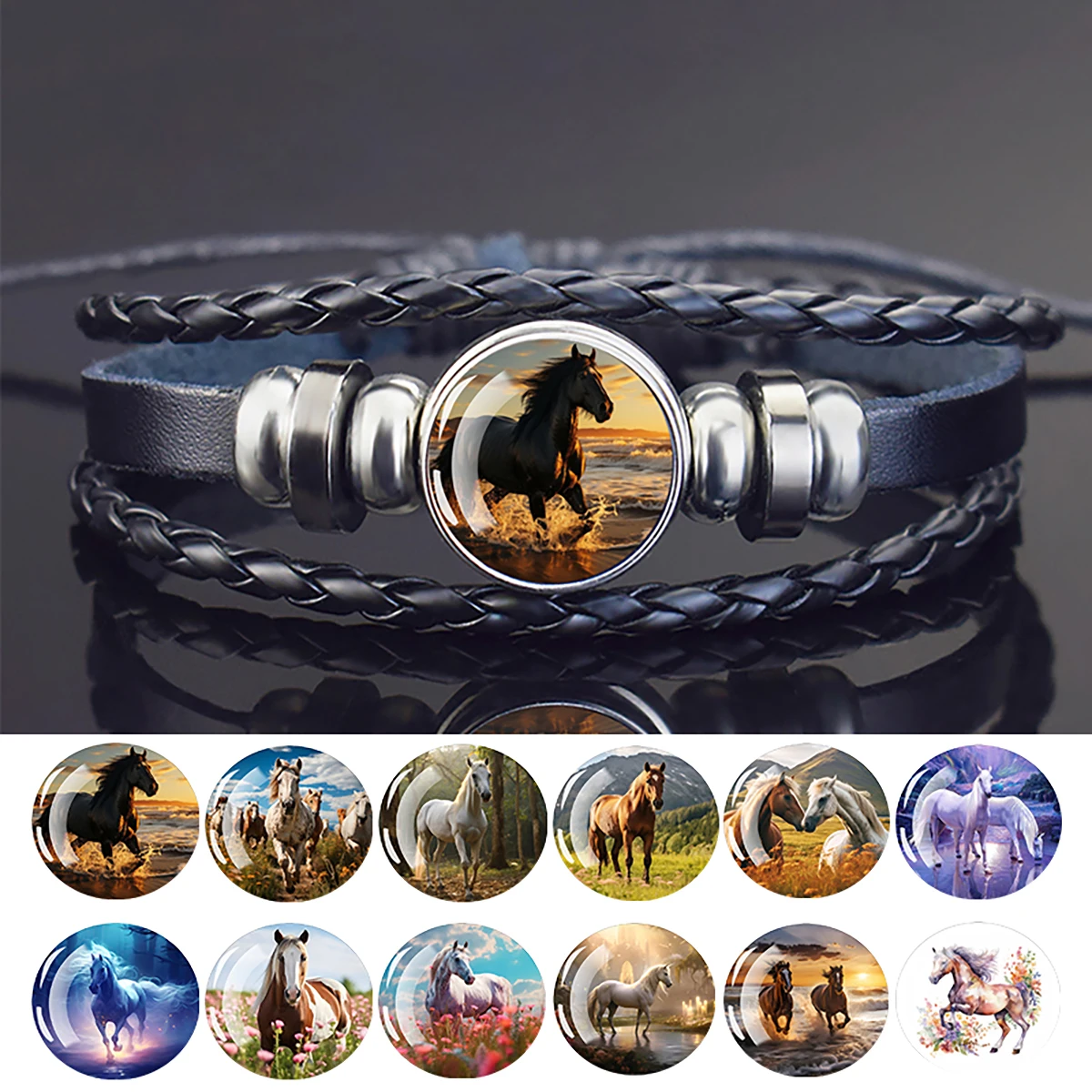 Horse Pattern Black Leather Bracelet Men Women Punk Woven Bracelet Horse-riding Lovers Gift