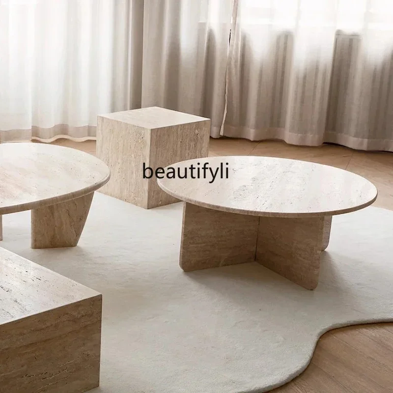 

A26 Natural travertine coffee table small apartment living room household sofa next to round coffee table designer a16