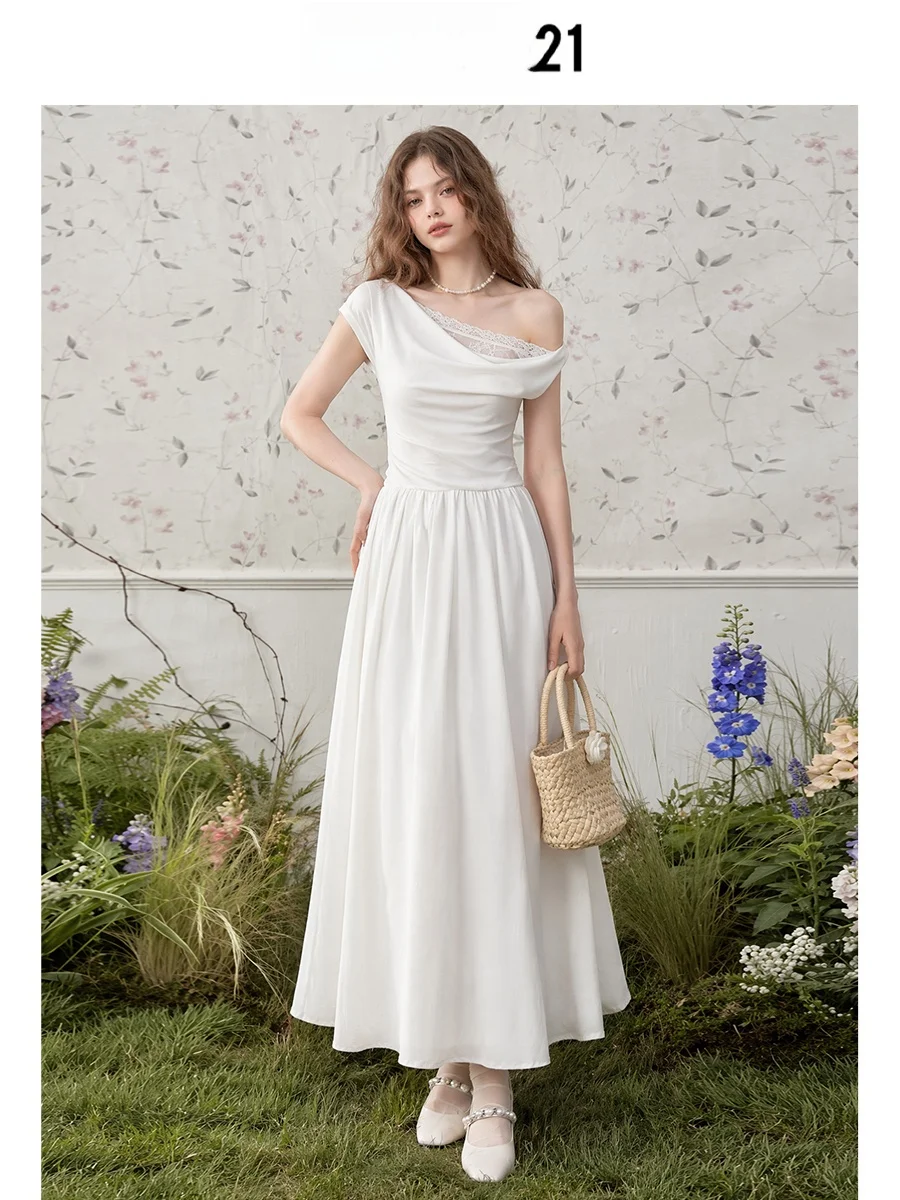 Vestido Largo de Verano para Mujer, Elegante, Blanco, con Hombro Asimétrico, Inserto de Encaje y Cintura Ajustada, Estilo Línea A, de Forever 21