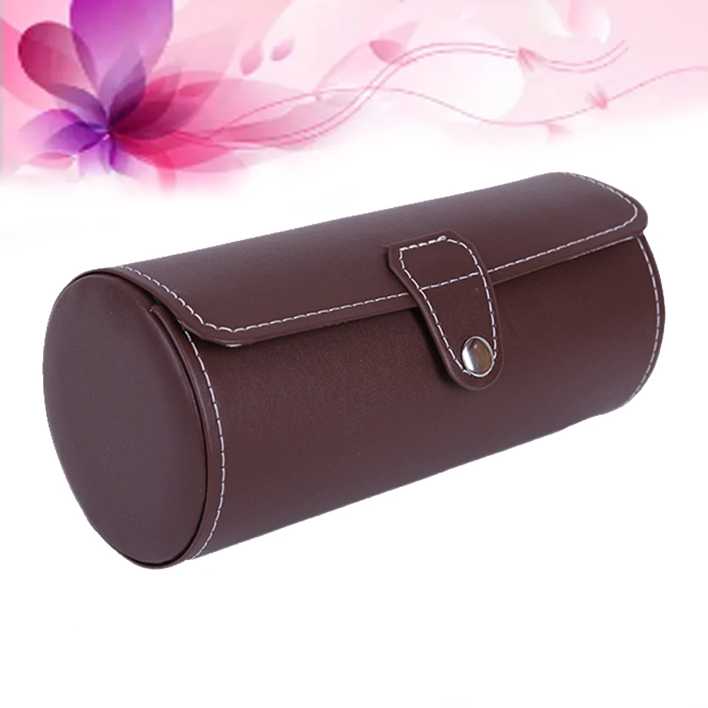 

Pu Watch Storage Display Box Travel Portable Cylindrical Design Dustproof 3 Slots For Men Women Coffee Color
