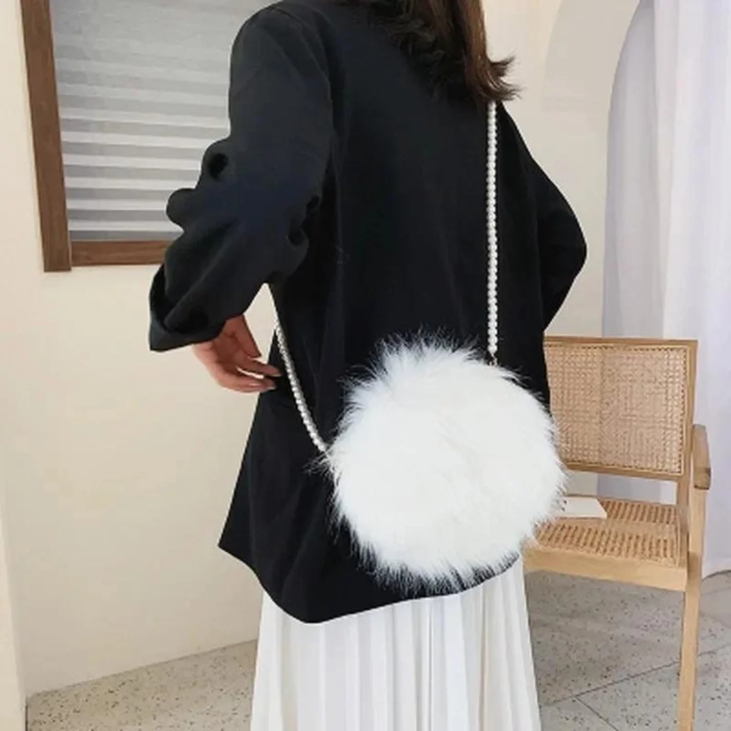 Elegant Chic Fluffy Round Crossbody Bag For Women with Faux Pearl Chain Shoulder Strap - Stylish and Practical Choice