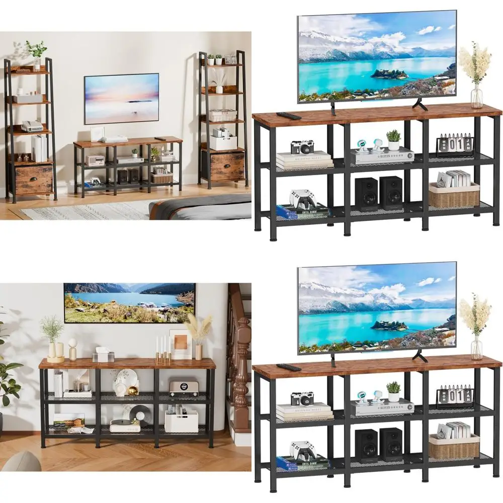 

3-х уровневая подставка под телевизор в деревенском коричневом стиле для 50 телевизоров, компактная медиаконсоль с полками для хранения для гостиной и спальни