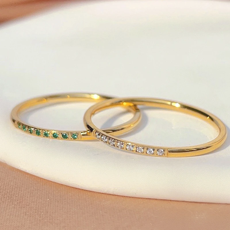 High End PVD Shinny Minimalist White Green Zircon Rings Female Exquisite Stainless Steel Bridal Ring
