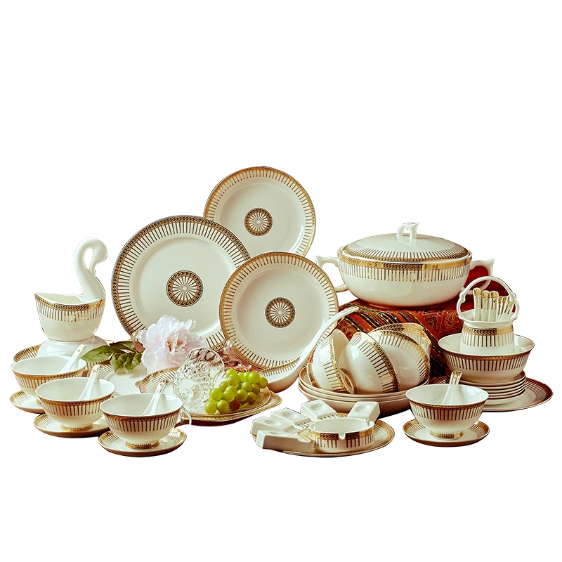 Bone China Dinnerware Set Dish Bowl Combination 60pcs Ceramic High-grade Dinnerware Set European Gold Bowl Plate