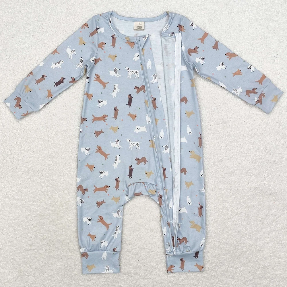 Boutique Infant Baby Boys Rompers Cute Dogs Bamboo Zip Rompers Fall Todddler Boys Long Sleeve Rompers Jumpsuits Children Clothes