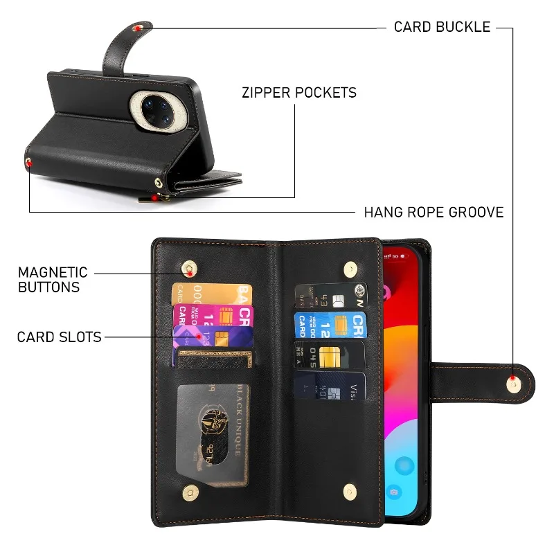 حافظة جلدية بسحاب كروس مكونة من 9 بطاقات لهاتف هواوي نوفا 14 الترا 5G 2025 غطاء فاخر كتاب مغناطيسي كابا هواوي نوفا 13 برو Nova14