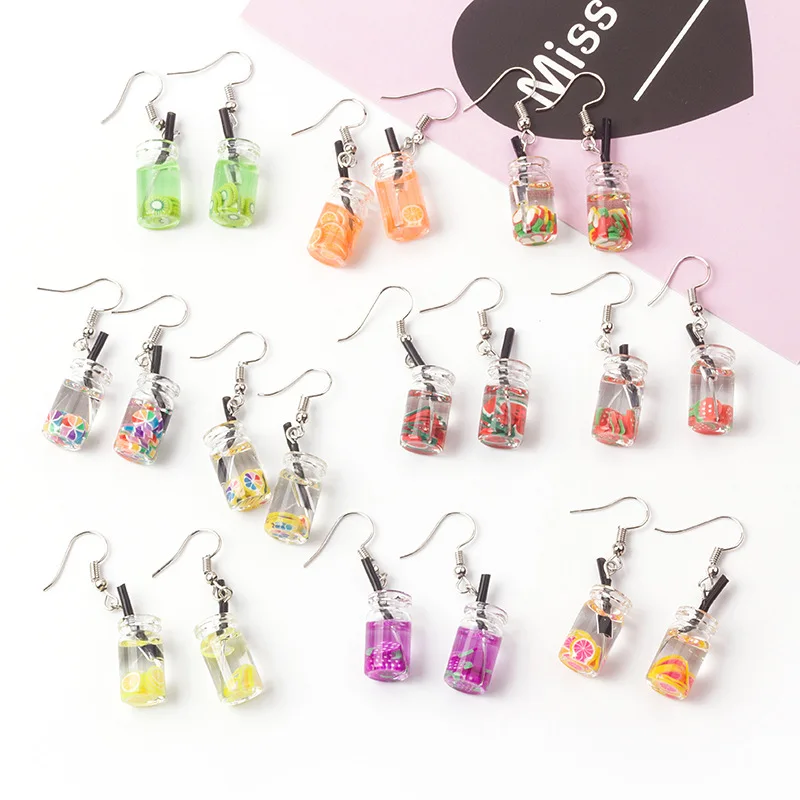 12 Styles Cute Milk Tea Fruit Acrylic Resin Pendant Dangle Earrings for Women Funny Juice Beverage Bottle Brincos Wholesale Gift