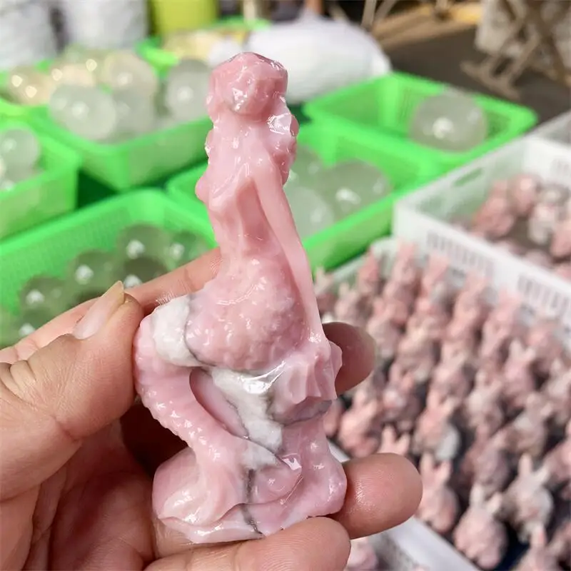 

Natural Pink Opal Mermaid Carving Statue Crafts Animal Polished Healing Figurine Home Ornament Gift 1PCS