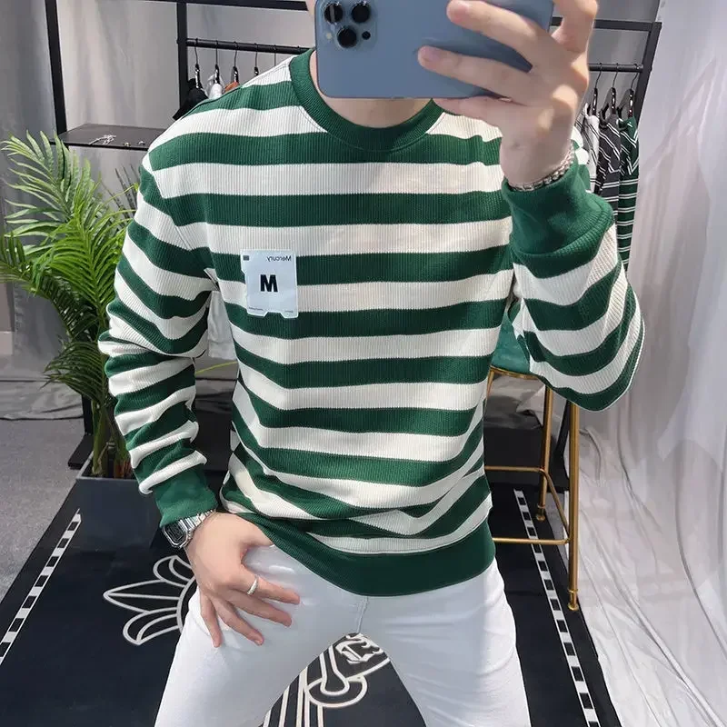 Top Sweatshirts Men's Clothing Stripe T Shirt for Man Tight Green Slim Fit High Brand Quality Full Sleeve Original It Casual Emo