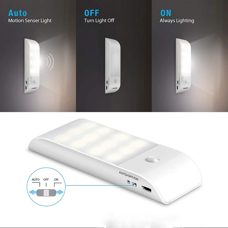 Luz LED nocturna con Sensor de movimiento, lámpara recargable para debajo del armario, pasillo, baño, cocina