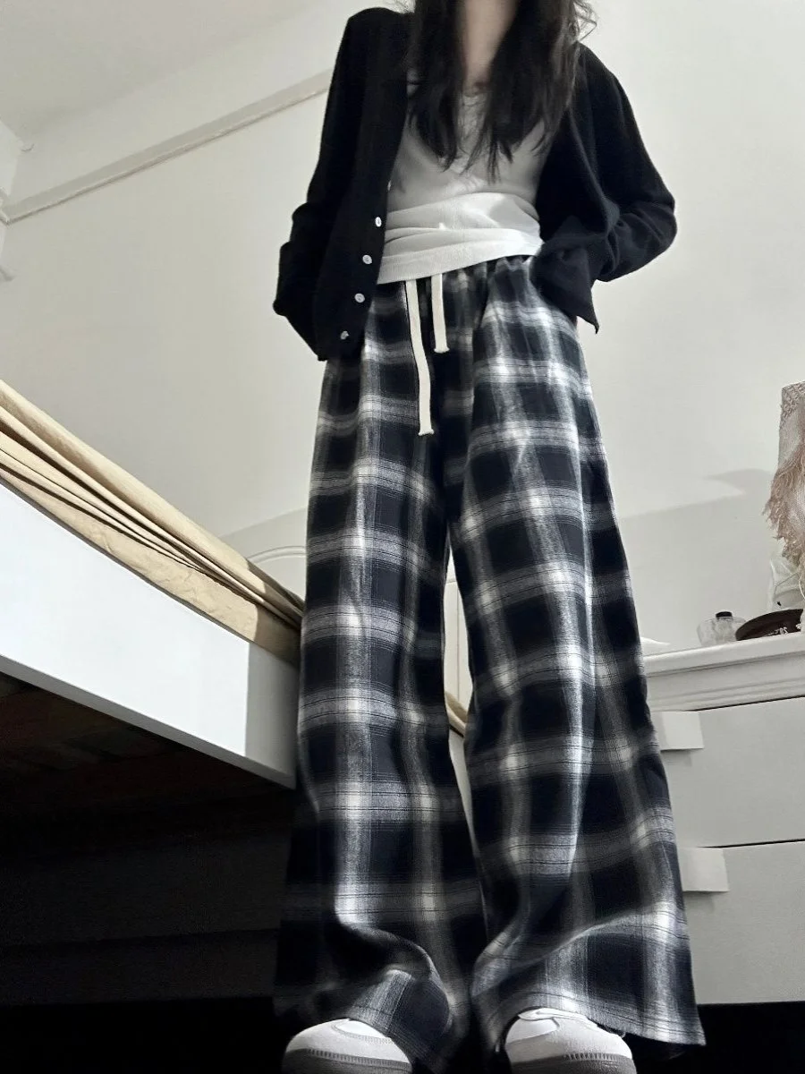

Брюки больших размеров с высокой талией и широкими штанинами в корейском стиле, летний повседневный наряд, прямые брюки в клетку в пол для женщин