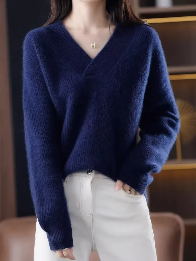 الخريف الشتاء لاعبا المرأة الصلبة فضفاض متماسكة سترة الخامس الرقبة أساس البلوز تريكو لينة الدافئة شيك فام سترة بلايز عادية #5