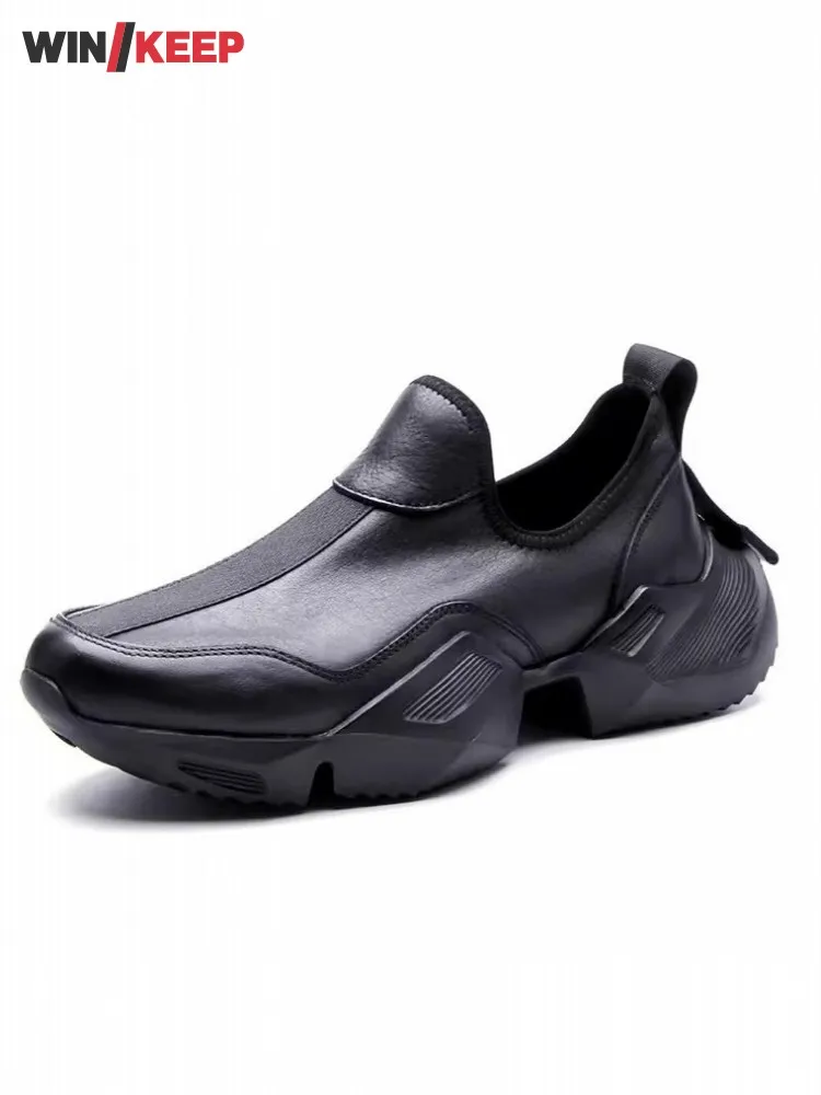 

Thick Bottom Slip-On Mens Genuine Leather Sport Shoes New Solid Color Breathable Comfortable Platform Men Running Trainers