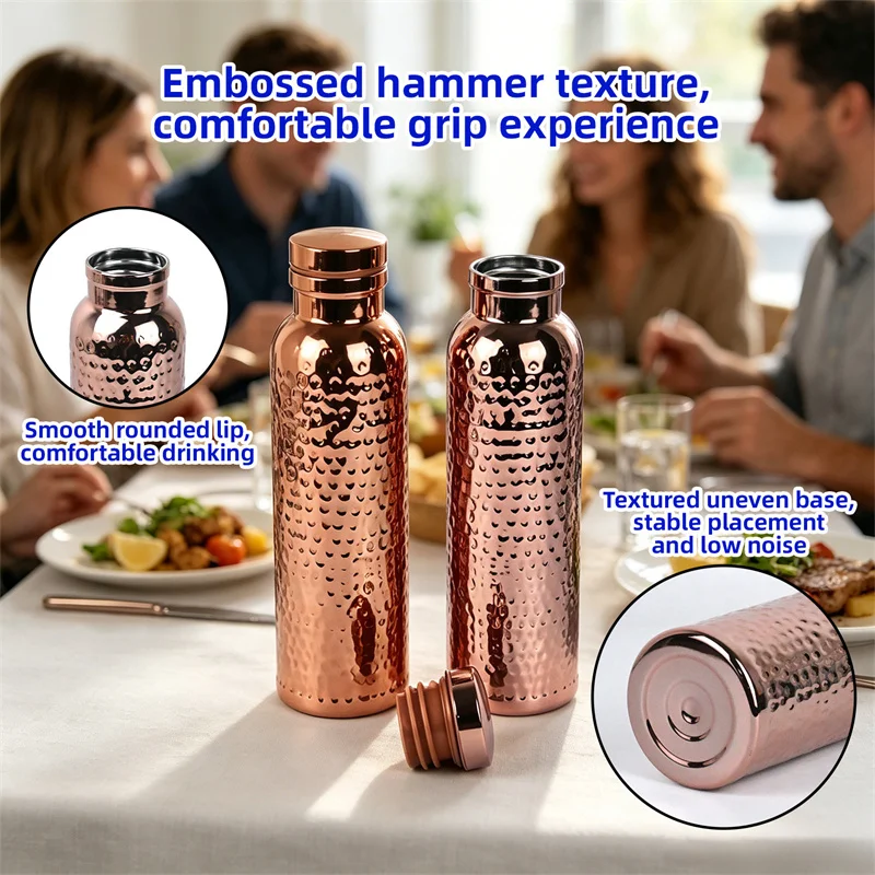 800ML Stainless Steel Electroplated Copper Water Bottle​ ​One-Click Open Lid​ ​Hammer Pattern Bottle​ Sports Water Bottle