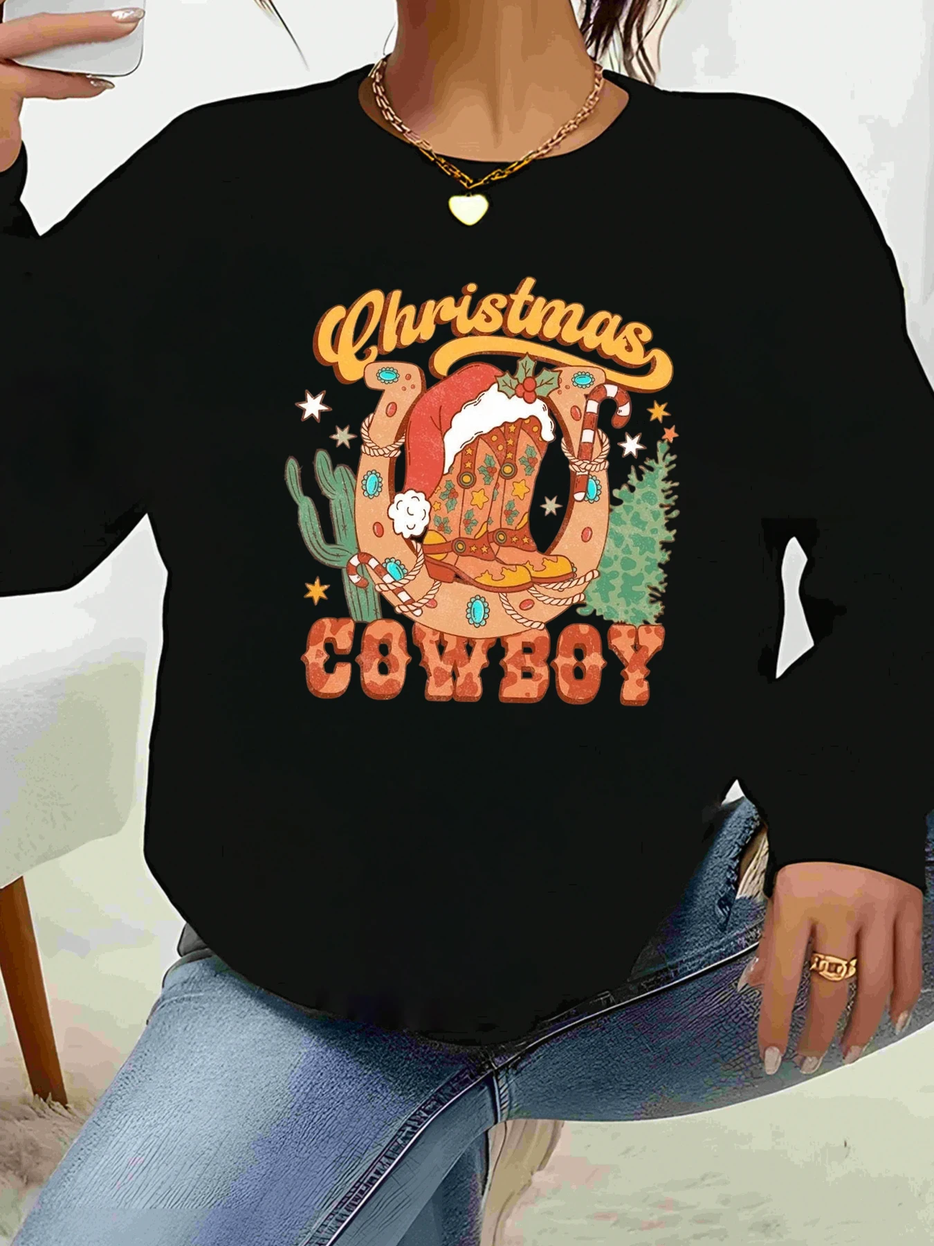 

Christmas Cowboy Print Long Sleeve Top Holiday Casual Wear Women's Fashion