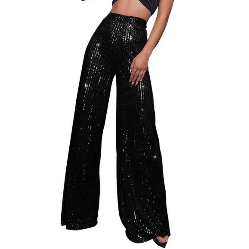 Women's Fashion Solid Color High Waist Sequin Side Zipper Draped Wide Leg Pants Pants for Female Pants 2025