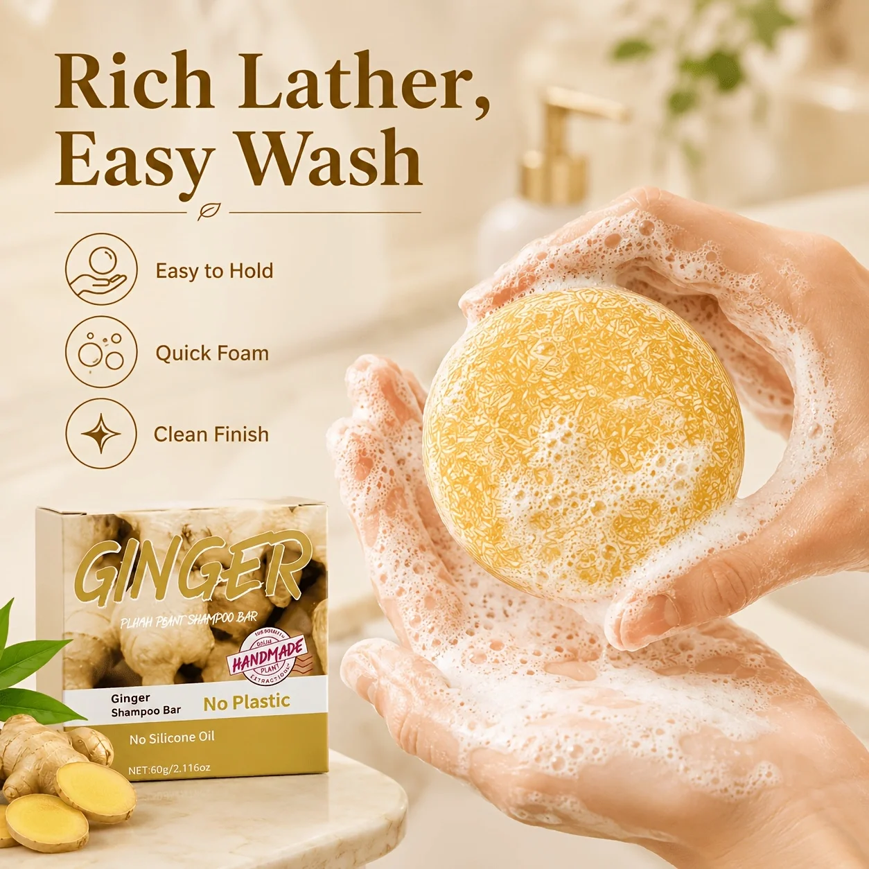 Ginger Shampoo Bar For Women & Men, Natural Solid Shampoo Bar With Rich Lather & FreshGinger Scent, Plastic Free Hair Care, No Silicone Oil Shampoo, Plant Inspired Formula ForSmooth Soft & Shiny Looking Hair, Easy Wash Travel Shampoo Bar, 60grams