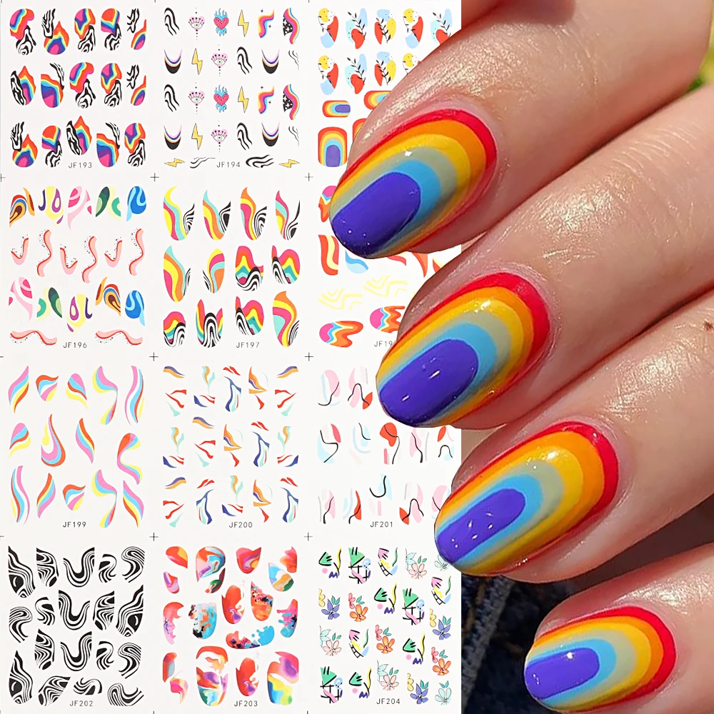 12Pcs Rainbow Nail Water Decals Wave Lines Colourful Strips Geometry Sliders Transfer Stickers Art Manicure Decors NLJF193-204