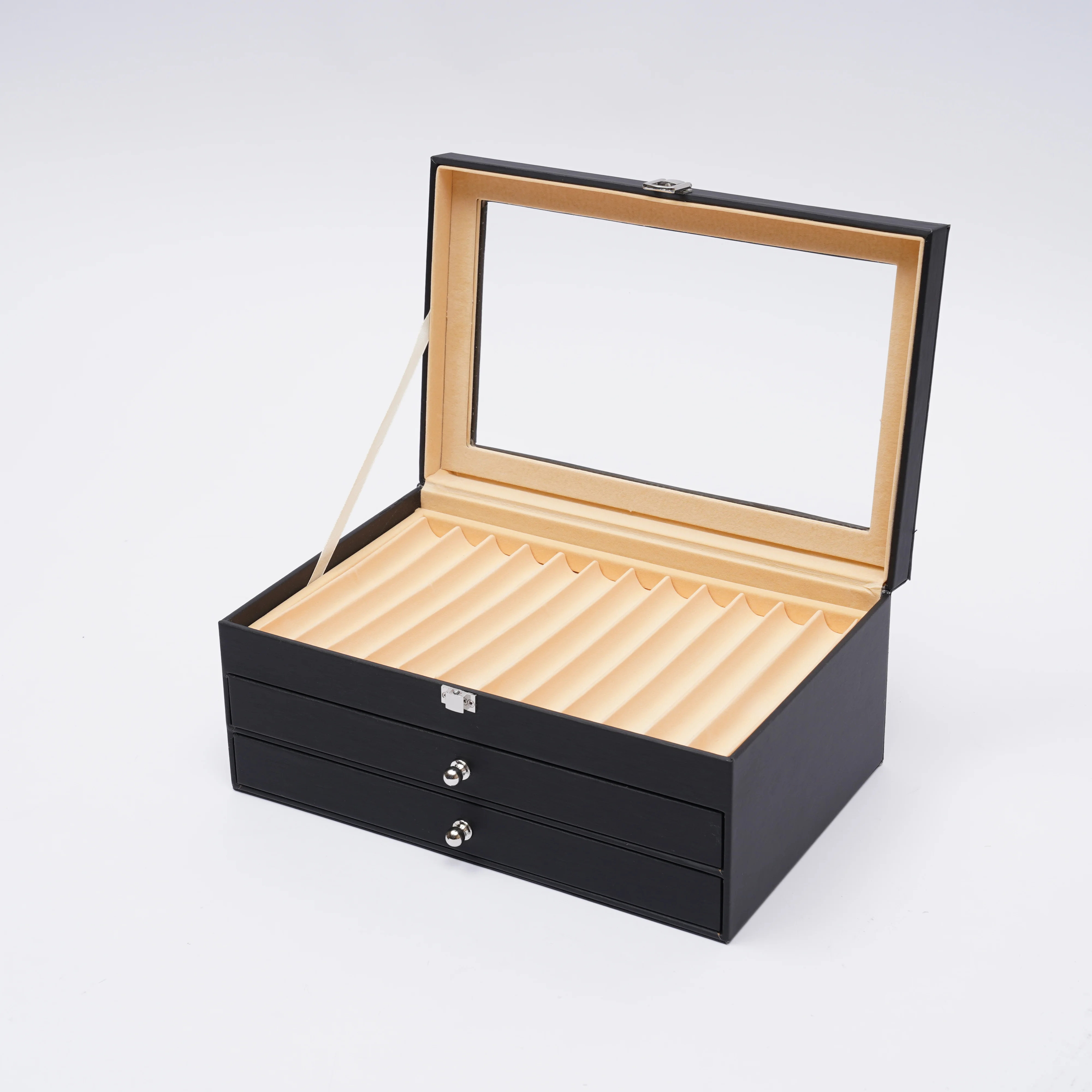 36 Pen Display Box Leather Flannel Pen Organizer Box Glass Pen Display Case Storage Box with Lid  Two Level Display Case