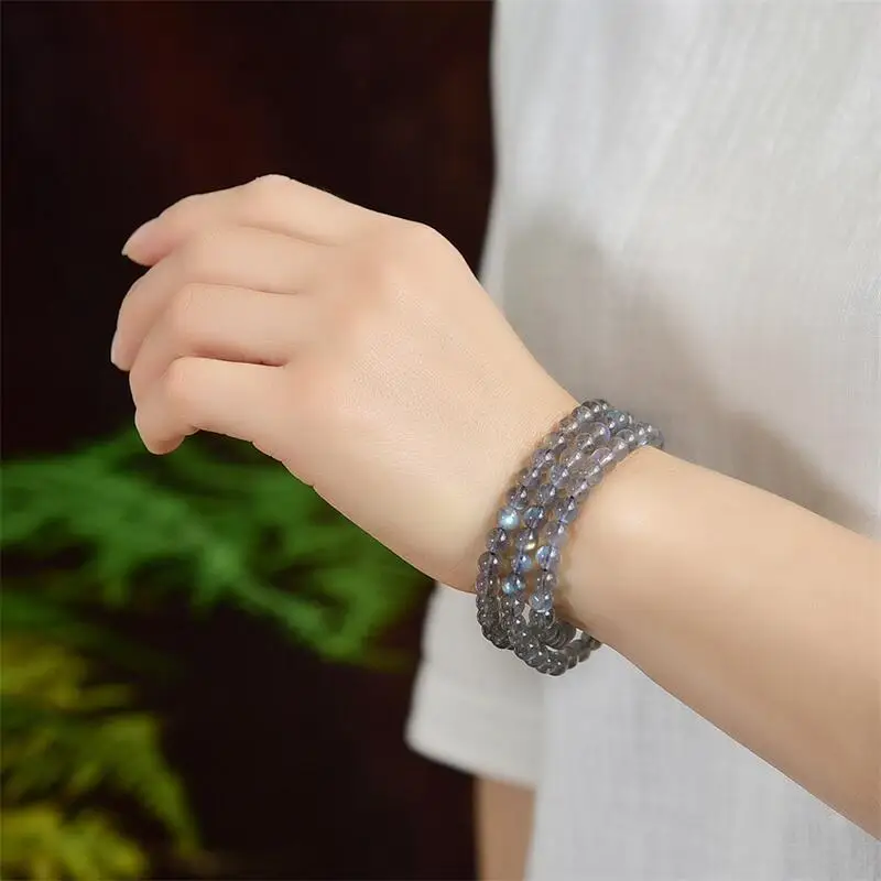 

5MM Natural Gray Moon Stone Triple Circle Bracelet Smooth Gemstone Reiki Healing Jewelry Energy Crystal Holiday Gift