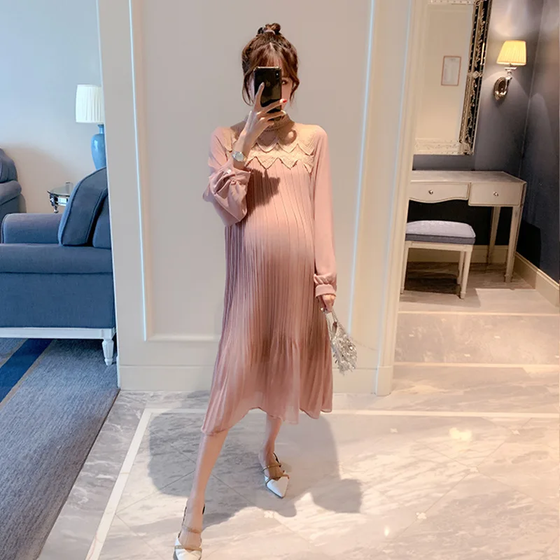 Fashion Korean Style Pleated Chiffon Maternity Long Dress Loose Straight Clothes for n Pregnancy Pink Dresses Clothing