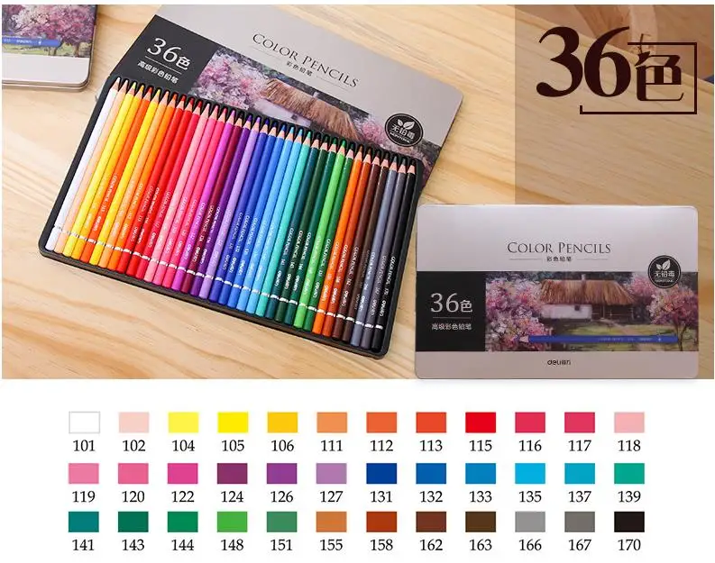 Deli Olie Gebaseerde Kleurpotloden Set 24/36/48/72 Kleuren Olieverf Tekening Gekleurde Kleurpotlood voor School Student Art Supplies