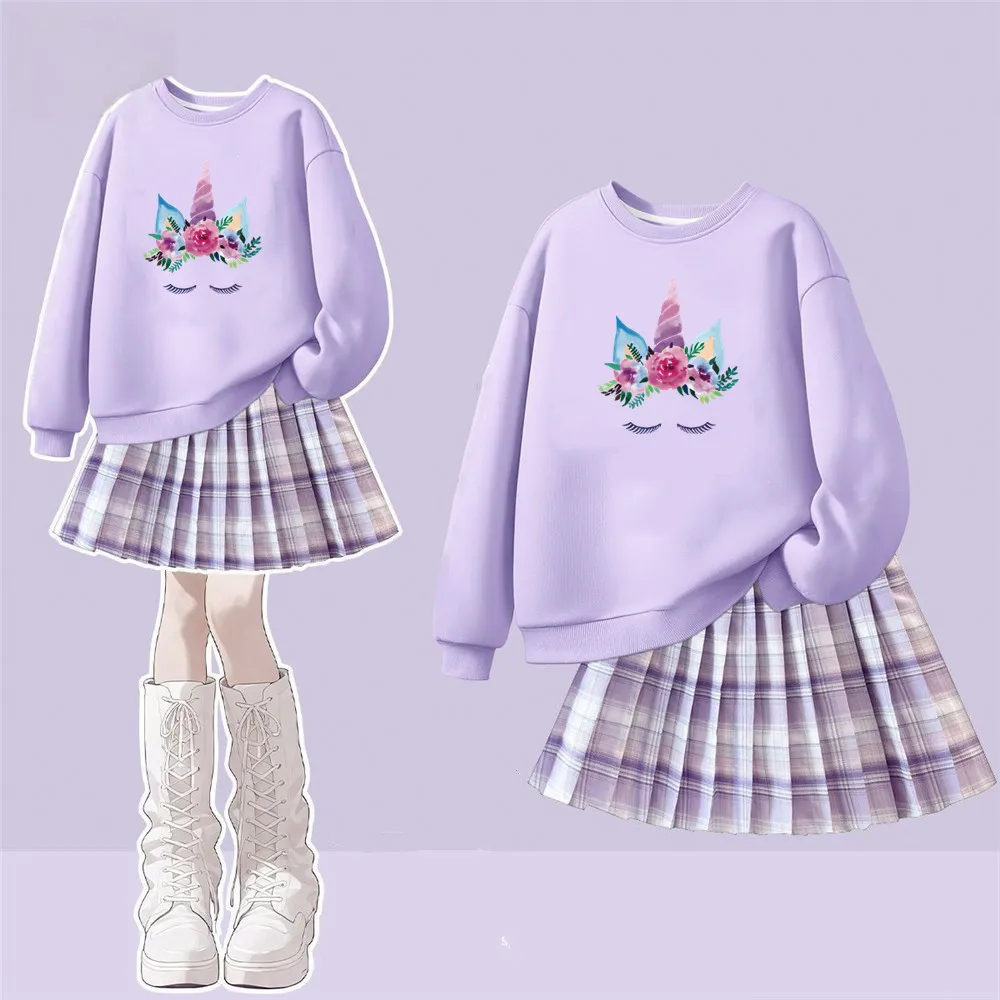 Frühlings- und Herbstbekleidungsset für kleine Mädchen, süßes Sweatshirt mit Rundhalsausschnitt und Blumen-Einhorn-Motiv sowie karierter Faltenrock, 2-teiliges süßes Outfit