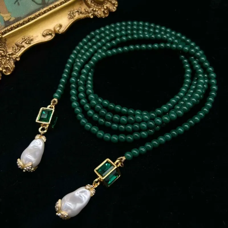 Green Crystal Necklaces for Women Pearls Palace Style Vintage Jewelry Elegant Luxury Irregular Collares Para Mujer