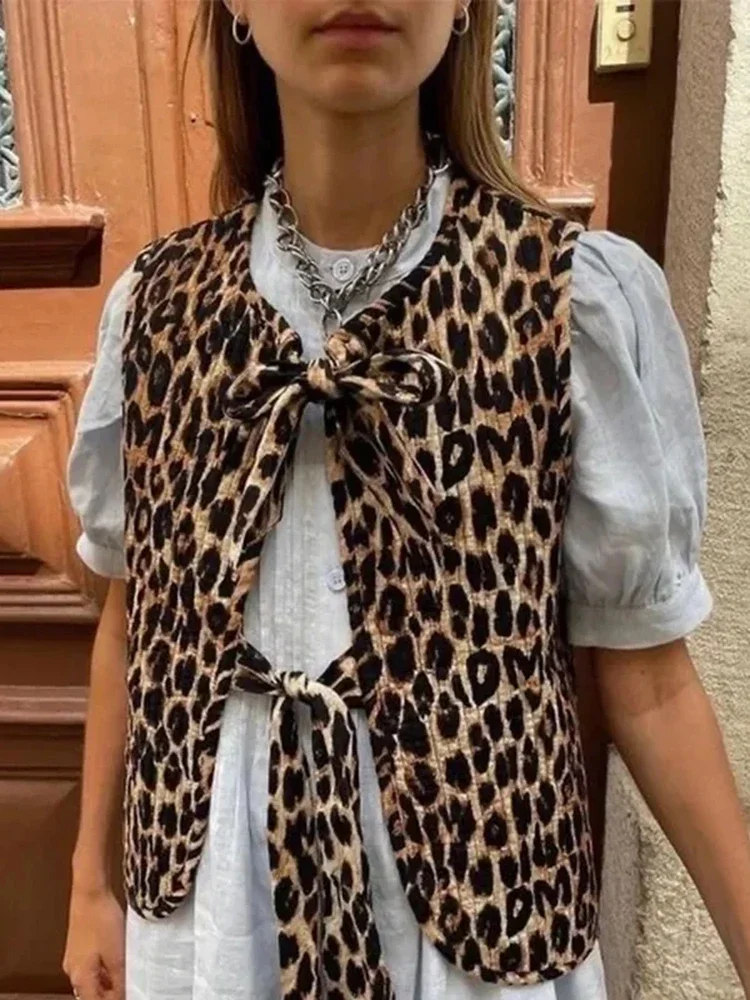 

Leopard Print Bow Lace-Up Vest Women Loose Sleeveless V-Neck Tank Top Spring Fashion Casual Lady Office High Street Outwears