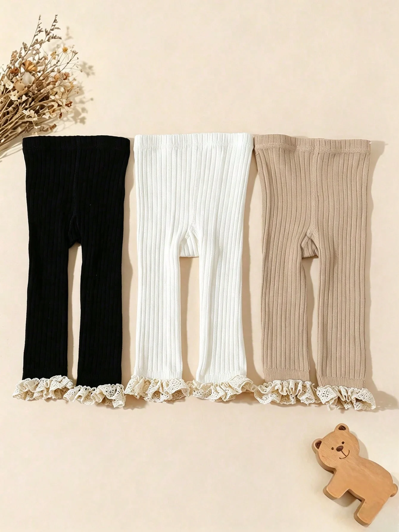 3 Pcs Girl Pants with Lace Trim Soft Elastic Kids Leggings Soild Color Girls Striped Leggings for 2-12 Years Children Daily Wear