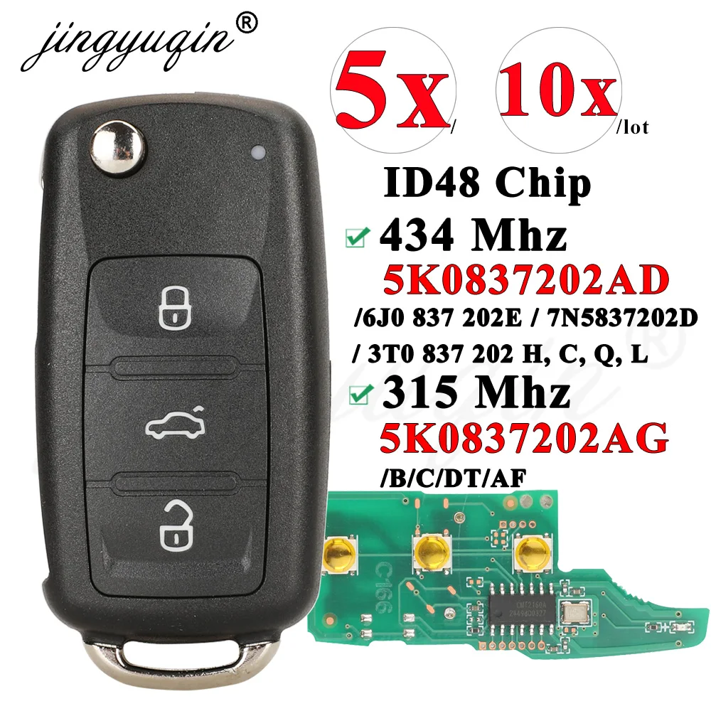 Jingyuqin 5/10X für VW Polo Sedan Golf 6 Passat B6 Volkswagen Touran Bora 5K0837202AD 315434Mhz ID48 Fernbedienung Klappbarer Autoschlüssel
