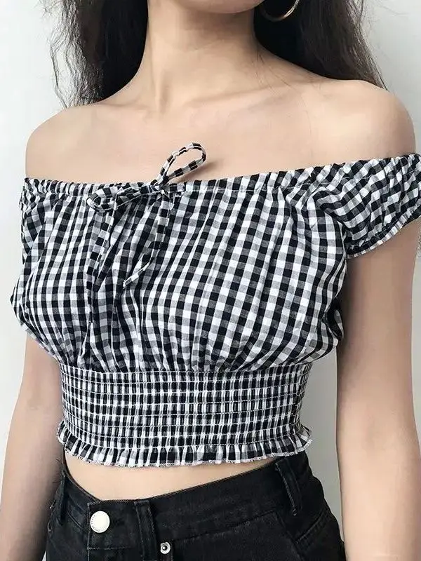 

Женский винтажный сексуальный топ с открытыми плечами и завязками, из полиэстера, прямого кроя, тонкий, неэластичный, летний