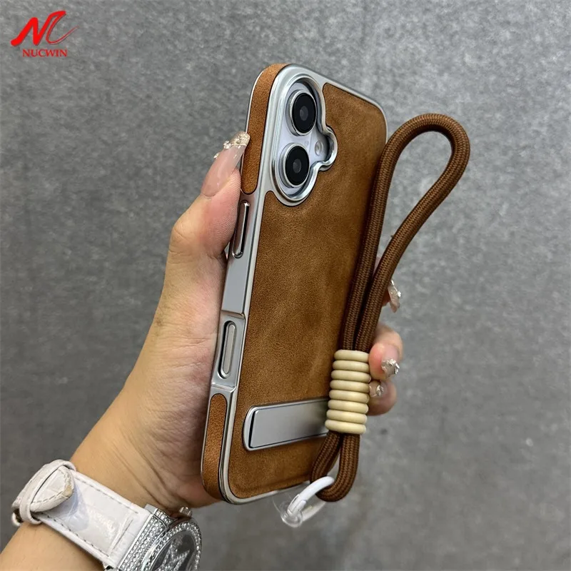 Business Plating Leather Case for iPhone 16 15 11 12 13 Pro Max 16 Plus Wrist Strap Hand Chain Kick-stand Fold Bracket PC Cover