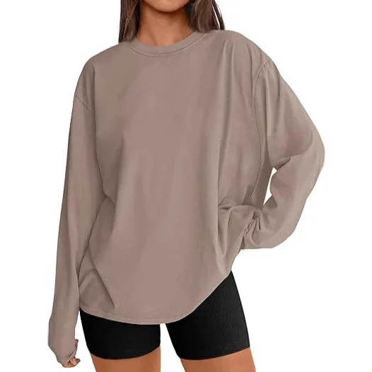 

Women's Milk Silk Long Sleeve Top Loose Fit Round Neck Layering Tee, Basic Plus Size Casual Shirt