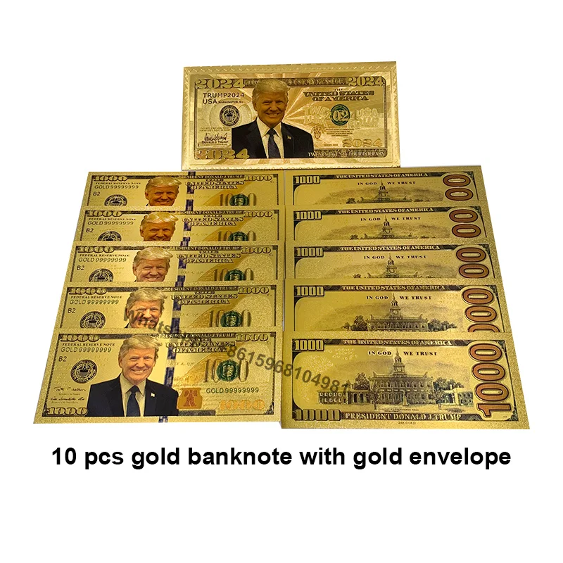 10 pcs/lot US president Donald Trump 24K Gold foil banknotes 1000 dollar Bills In envelope souvenir cards 2024 collectibles