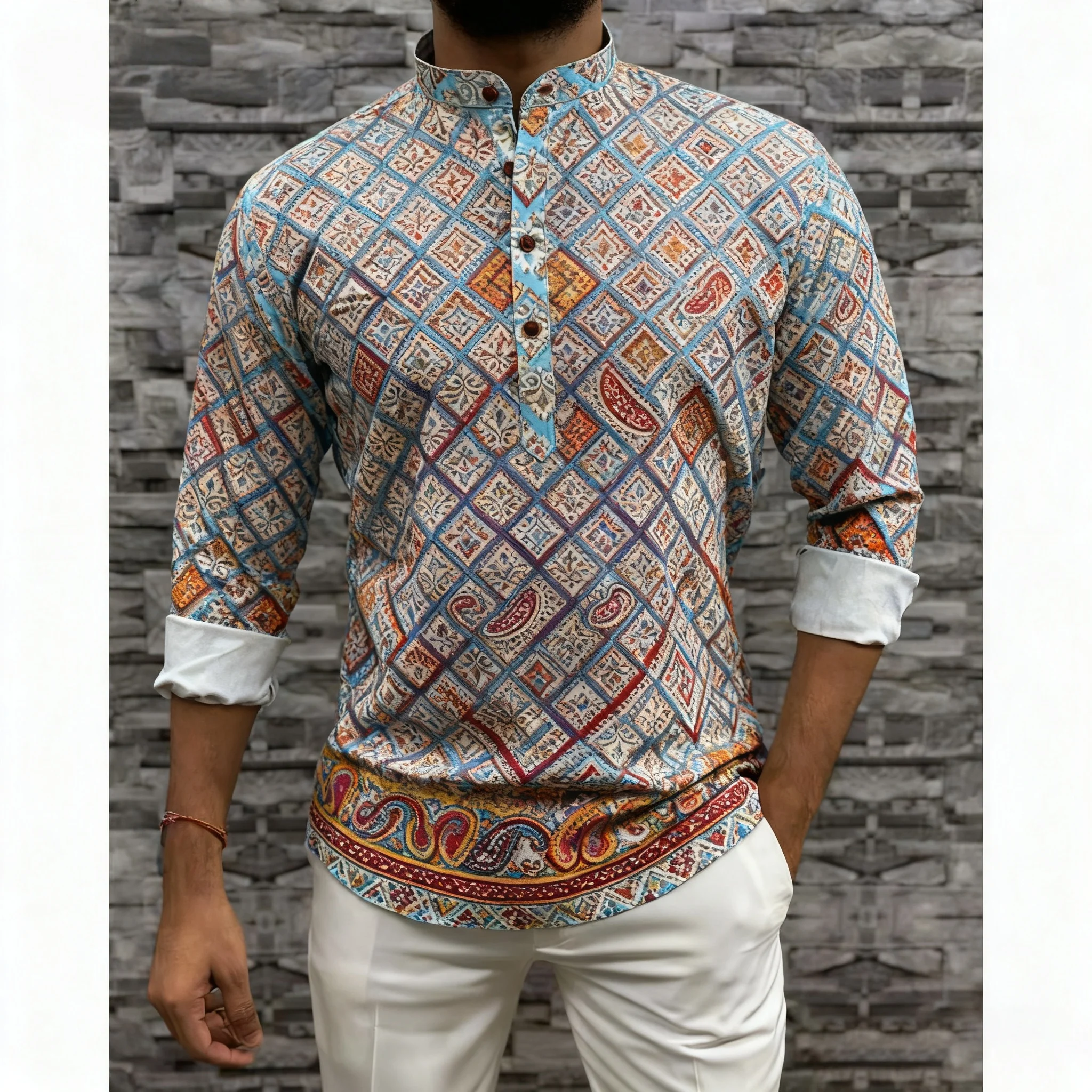 قميص مسلم قفطان دبي رداء رجالي بأكمام طويلة نمط عرقي الوقوف طوق الملابس العربية Camicia Araba Ropa Arabe De Hombre #5