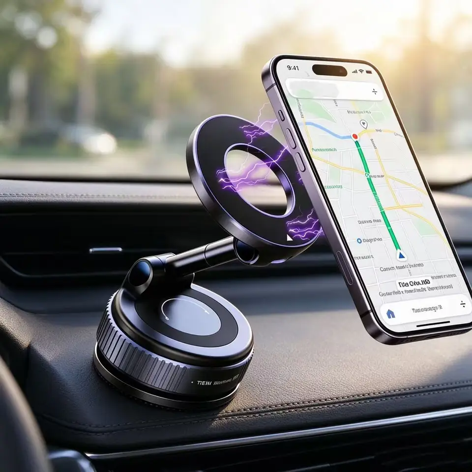 Vacuum Suction Magnetic Car Phone Holder 360° Rotatable Foldable Adjustable Arm Dashboard Navigation Mount for All Smartphones