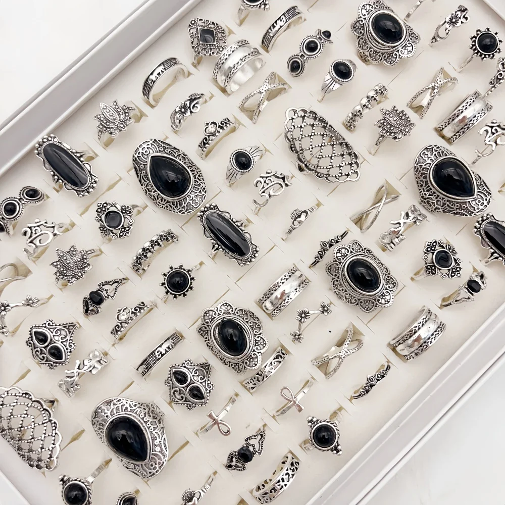 10/20/30Pieces Vintage Bohemia Black Stone Rings Set For Women Men Mix Style Heart Love Flower Design Finger Jewelry Party Gifts