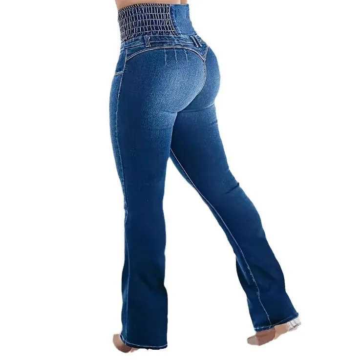 High-waisted Slim-fitting and Thin Elastic Button-row Women's Micro-pull Denim Trousers 2025 New  Europe and America