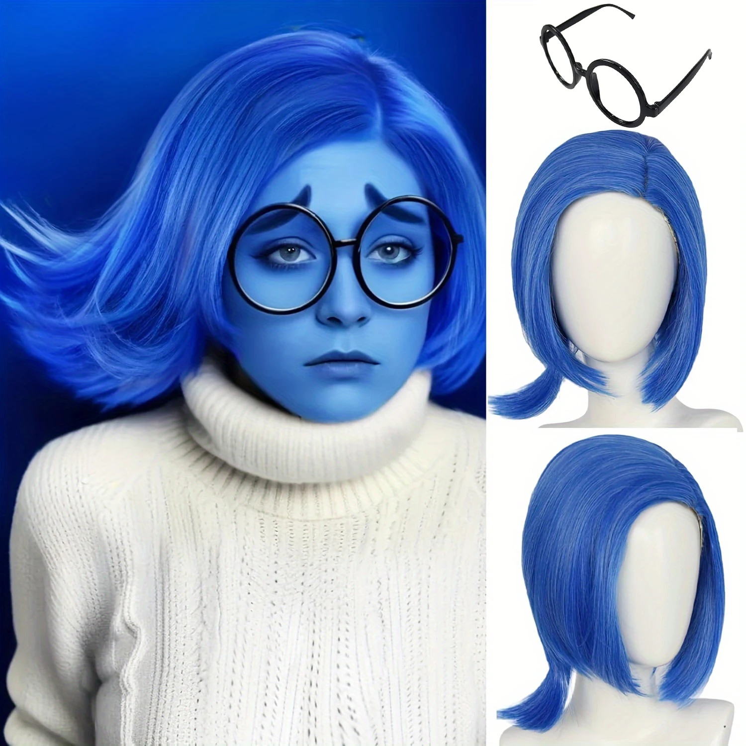 

Short Blue Bob synthetic Wig with Rose Net Cap - Cosplay Style for Halloween, High-Temperature Fiber, Parties, Wig Cap for Women